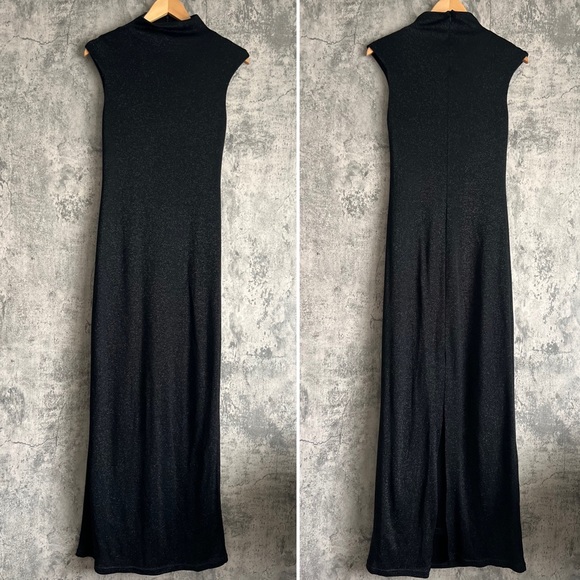 Black elegant turtle neck sleeveless dress shimmery fabric with back slit size S - Picture 2 of 11